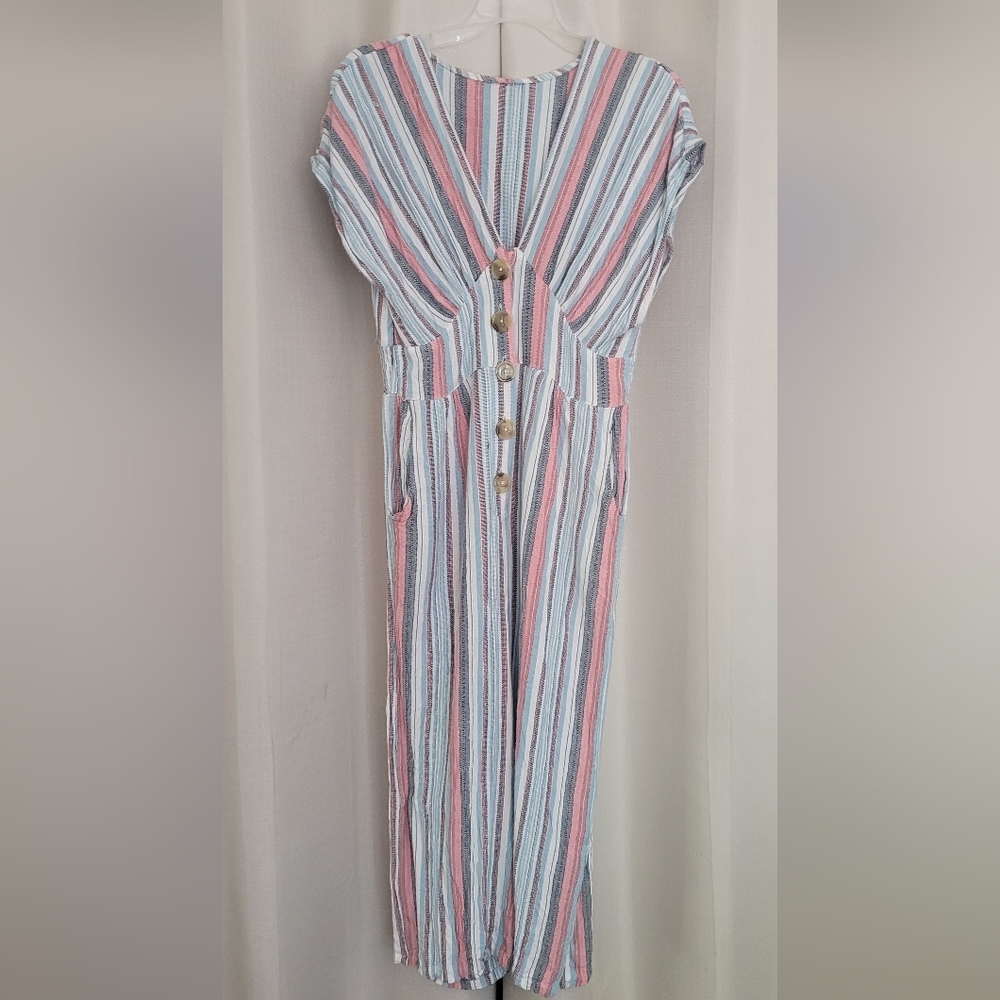 Source Unknown Pink and Blue Striped Jumpsuit with V-Neck